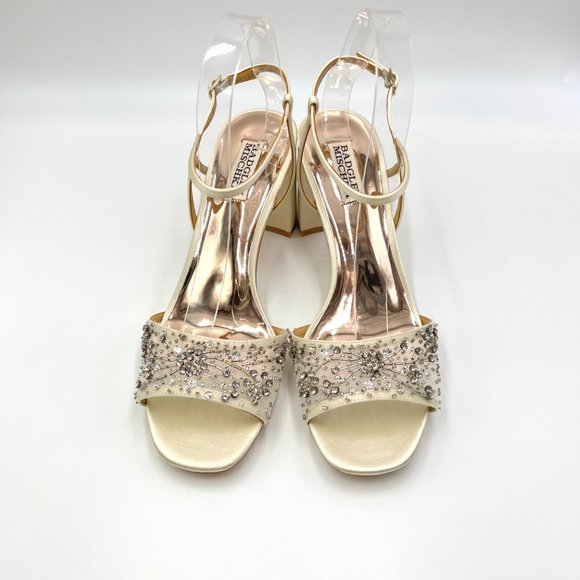 Badgley Mischka Size 8.5 Blaine Ivory Satin Jeweled Dress Sandals Heels Shoes - Picture 2 of 12